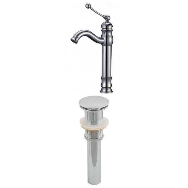 American Imaginations 2.5-in. W Bathroom Faucet Set Chrome AI-2046 featuring a traditional tall single-handle bathroom faucet with curved spout and lever handle in chrome finish, paired with a matching chrome sink drain for deck mount and above counter installation.