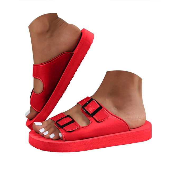 Dakaela Women's Platform Sandals Arch Support Foam Slip on Slides Two Buckle EVA Flat Sandal Red 6.5