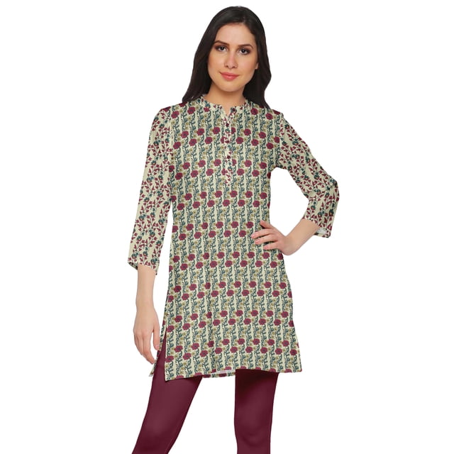 Moomaya Robes Tuniques Courtes en Poly-Crêpe pour Femmes Kurti Imprimé Mini Tenue d'Été