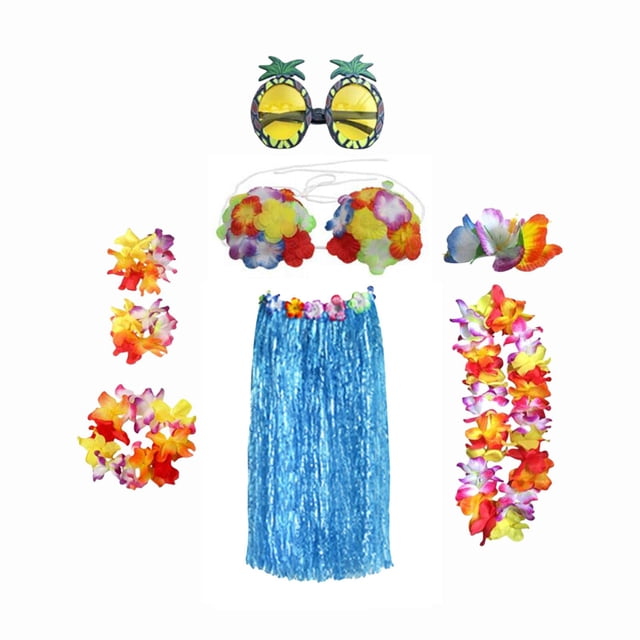 Ensemble de Costume Jupe Hawaïenne Tropicale Lunettes Accessoire Ajustable Extensible Femmes 80 cm