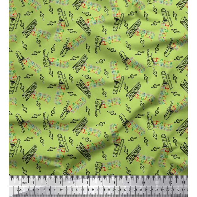 Soimoi Cotton Jersey Fabric Notes,Piano & Guitar Musical Instrument Printed Fabric 1 Yard 58 Inch Wide