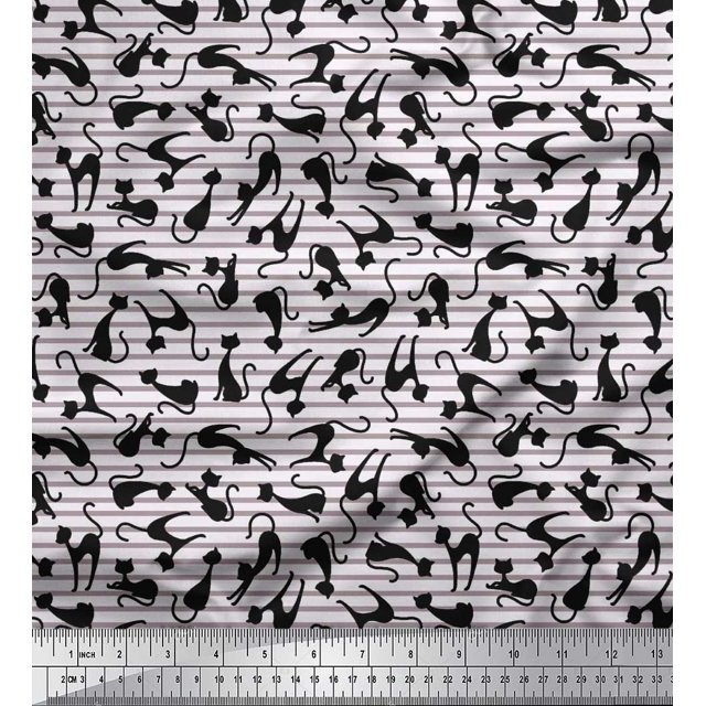 Soimoi Rayon Fabric Stripe & Cat Animal Print Fabric by The Yard 42 Inch Wide