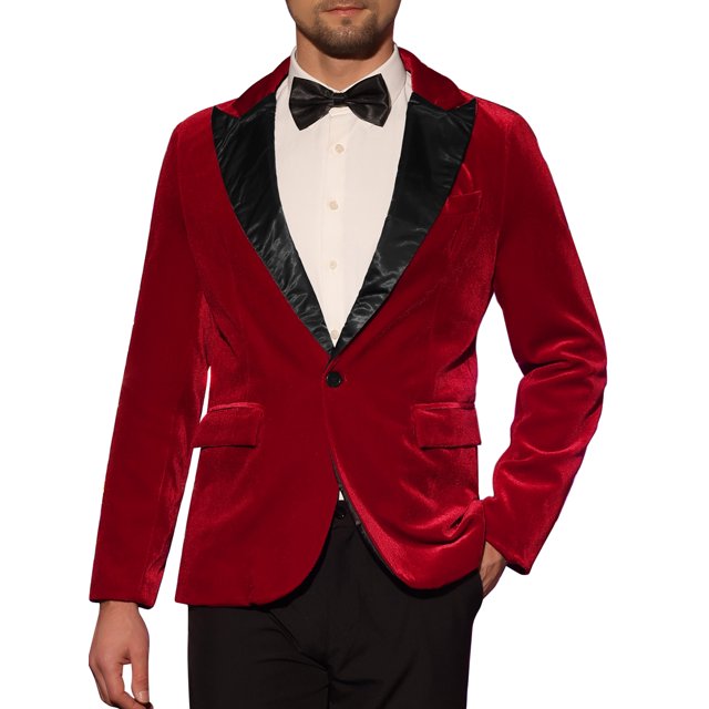 INSPIRE CHIC Men's Velvet Blazer One Button Party Prom Tuxedo Dinner Suit Jacket in size M, featuring a vibrant red velvet fabric with a black satin notch lapel. The blazer has a single-button closure, long sleeves, and front flap pockets. Styled with a white dress shirt, black bow tie, and black dress pants, it is ideal for formal events like parties, proms, or dinners.