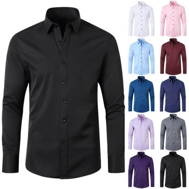 XZNGL Long Sleeve Button Down Shirt for Men, Four-Way Stretch Polyester Spandex Blend, Turn-Down Collar, Solid Color, Casual Fit, Standard Thickness, All-Season Wear