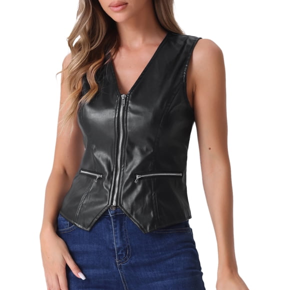 INSPIRE CHIC Women's Faux Leather Waistcoat V Neck Sleeveless Zipper Vintage Vest Jacket S Black