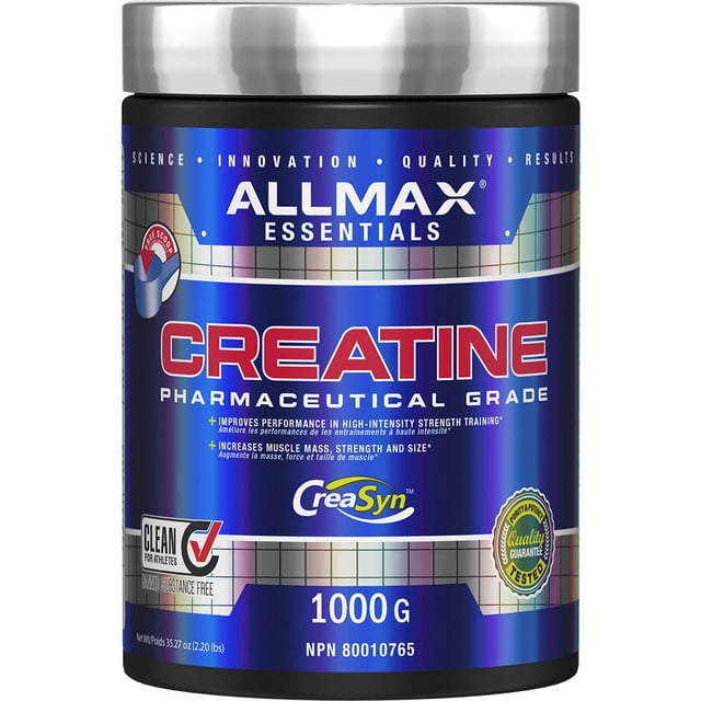 ALLMAX Contenant de Créatine (1 000 g) avec un Motif Bleu et Argent, Affichant de Façon Prééminente « Créatine de Qualité Pharmaceutique » en Texte Rouge Gras. l'Étiquette Met en Valeur des Bénéfices Tels Qu'une Amélioration de la performance Lors d'Un Entraînement à Haute Intensité, une Masse Musculaire, une Force et une Taille Accrues. Doté de la certification Creasyn, Propre pour les Athlètes et Sans Substance, avec NPN 80010765. Convient à Ceux Qui Recher