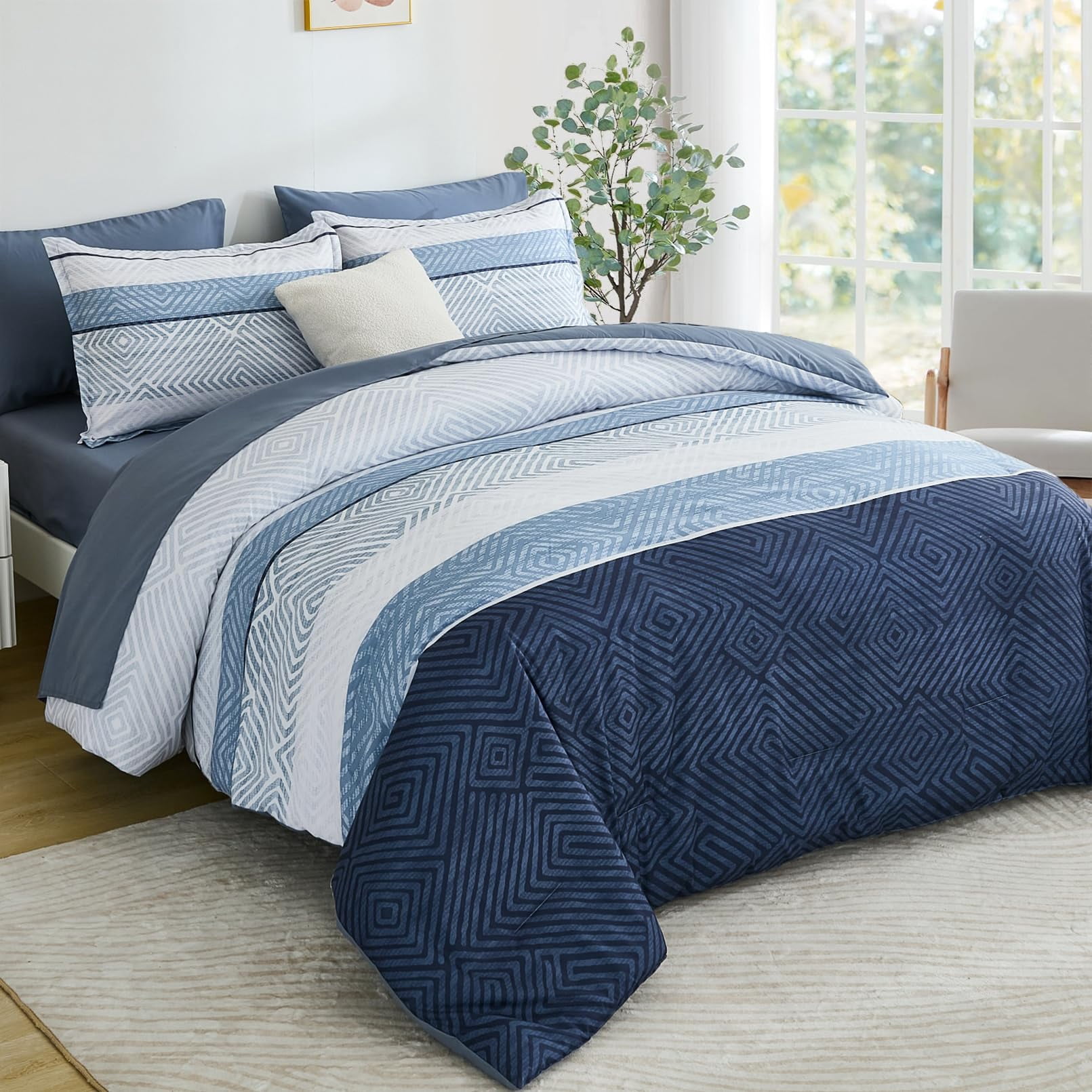 Drucon Comforter Set Queen Size 7 Piece Bed in a Bag Boho Blue Striped Bedding Set Soft Microfiber Comforter and Sheet Set for All Season (Queen, 90"x90")