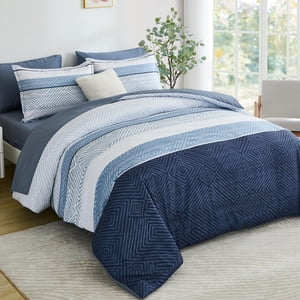 Drucon Set de confort Queen Size 7 Lit de pièce dans un sac Boho bleu de literie à rayures Soft Microfibre Comforter et ensemble de feuille pour toute la saison (Queen, 90"x90")