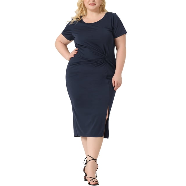 GRACE & GRANDEUR Robe Grande Taille pour Femmes Nœud Col Rond Manches Courtes Fente Latérale Robe Bleu Marine 2X