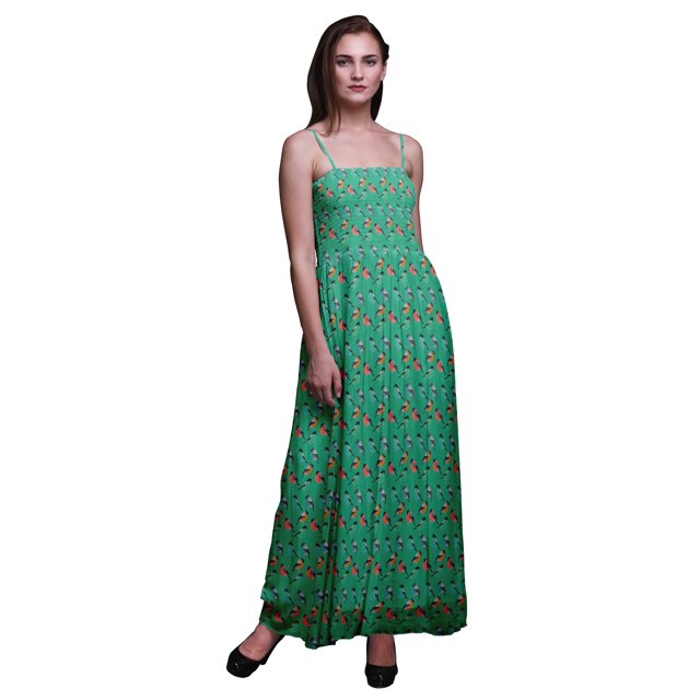 Bimba Robe à Bretelles Smockée en Georgette Imprimée d'Oiseau Moucherolle pour Femmes - XX-Grand