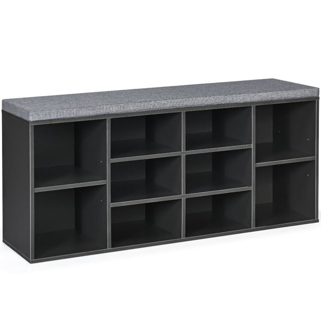 Gymax Entryway Padded Shoe Storage Bench 10-Cube Organizer Bench Adjustable Grey. This grey storage bench features a durable chipboard frame with six fixed slots and two side cabinets with adjustable shelves for versatile storage. The top includes a thick, padded cushion secured with hook and loop fasteners, offering a comfortable seating area. The cushion cover is removable and washable. Ideal for entryways, bedrooms, or living rooms, the bench measures 41 inches in length, 12 inches in width, and 19 inches in height, with a maximum weight capacity of 440 lbs.
