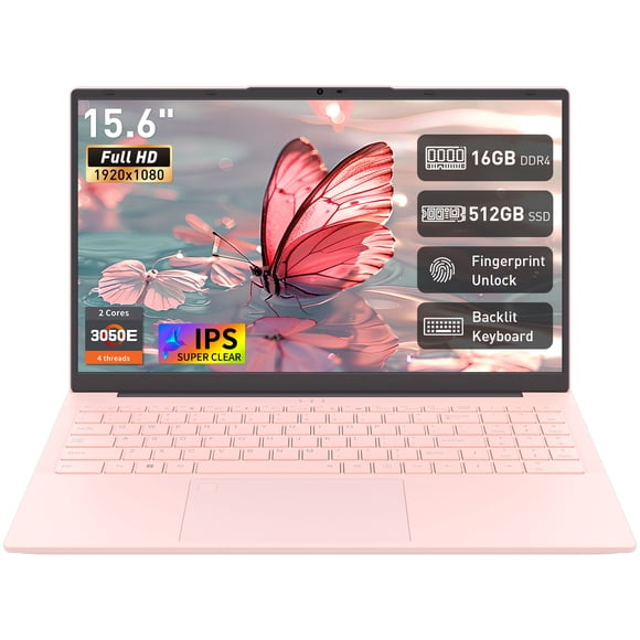 Auusda Laptop, Win 11 Pro 15.6" 3050E CPU Home Computer, 16GB RAM 512GB SSD, Backlit Keyboard, Fingerprint Unlock,Pink
