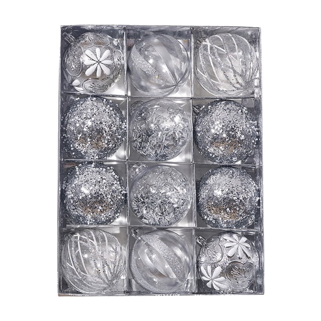 WLOELOEW 12-Piece Christmas Ball Ornament Set Silver Plastic Glitter Special Shape Tree Pendant Mixed Decor For Xmas Tree Home Holiday C