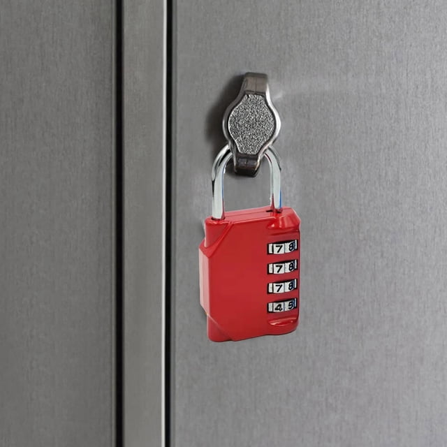 Bagmrteho combination lock with a durable red alloy body and four-digit combination mechanism. The lock is securely attached to a metallic surface, showcasing its compact design and sturdy construction. Suitable for fitness suitcases, gym lockers, travel bags, or office supplies.