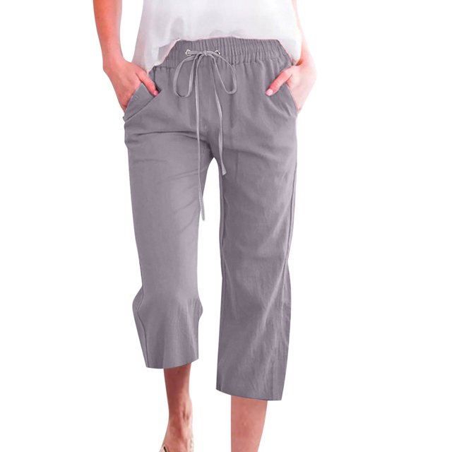 Innerwin Women's Mid Waist Solid Color Wide Leg Capri Pants, Light Gray, Size S