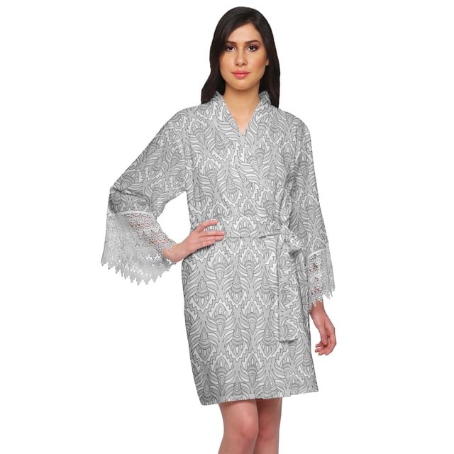 Moomaya Printed Short Robes For Women Cotton Robes For Women With Lace Trim