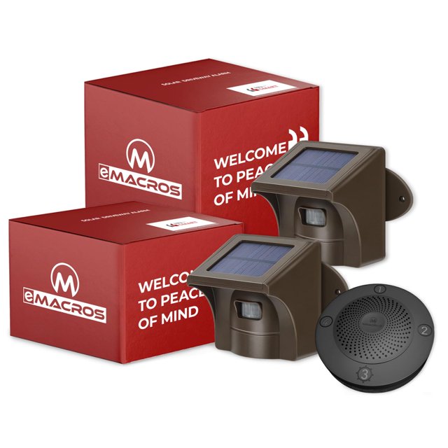 eMACROS Solar Wireless Driveway Alarm — 1/2 Mile Long Range Motion Sensor for Long Driveways, Homes & Large Properties, Outdoor Weatherproof Se