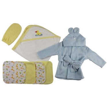 Blue Infant Robe, Yellow Hooded Towel, Washcloths and Hand Washcloth Mitt - 7 Pc Set