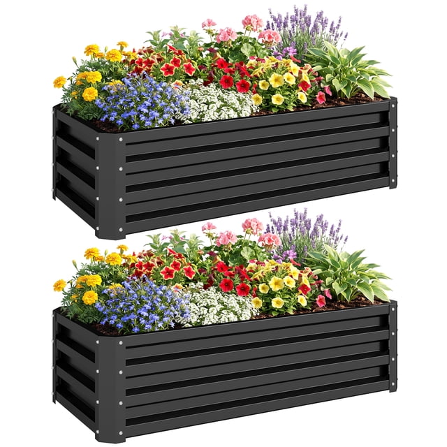 Outsunny Raised Garden Beds Set of 2, Galvanized Planter Box, Black