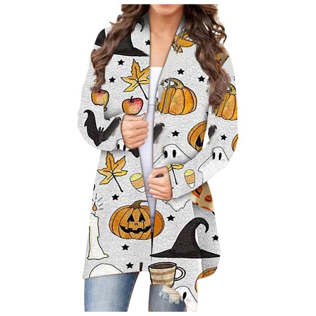 CEHVOM Cardigan à Imprimé d'Animaux d'Halloween pour Femmes, Chat, Citrouille, Manteau d'Automne