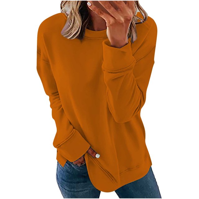 CEHVOM Chandails Décontractés à Manches Longues pour Femmes, Couleur Unie, Col Rond, Chandail Molletonné, Tunique Ample, Liquidation