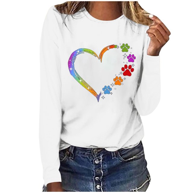 Pisexur Hauts d'Automne pour Femmes Mode Mignon Cœur Graphique Imprimé T-Shirt Hauts Col Rond Manches Longues Chemises pour Femmes Habillées Décontractées Sorties Hauts Confort Polyvalent Léger T-Shirts
