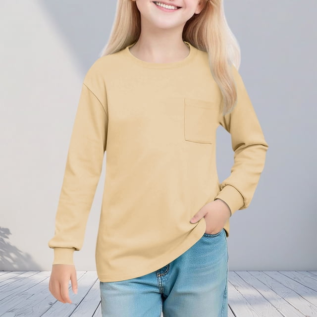 Cowsor Girl's Crew Neck Solid Color Sweatshirts with No Hood Casual Color Block Long Sleeve Pullover Tops