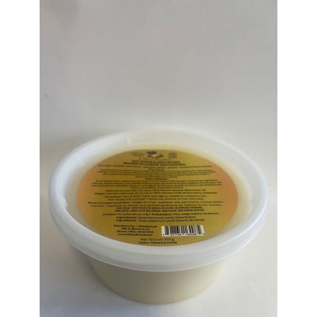 Oils & butter 100% Natural Shea Butter in a white round plastic container with a yellow label on the lid showing product details, 10.5 oz (310 g), chemical-free and ethically sourced for hair and skin care, suitable for moisturizing face, body, and scalp.