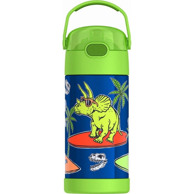 Thermos Kids Bouteille d'eau isotherme sous vide avec paille rabattable, 355 ml, dinosaure