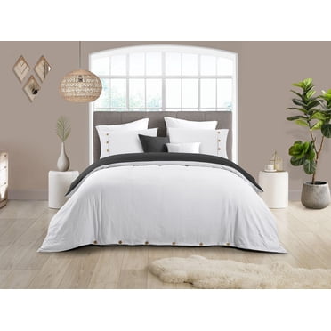 Swift Home Reversible Ultra Soft Solid Duvet Cover Set with Decorative Button Closure, Queen, White