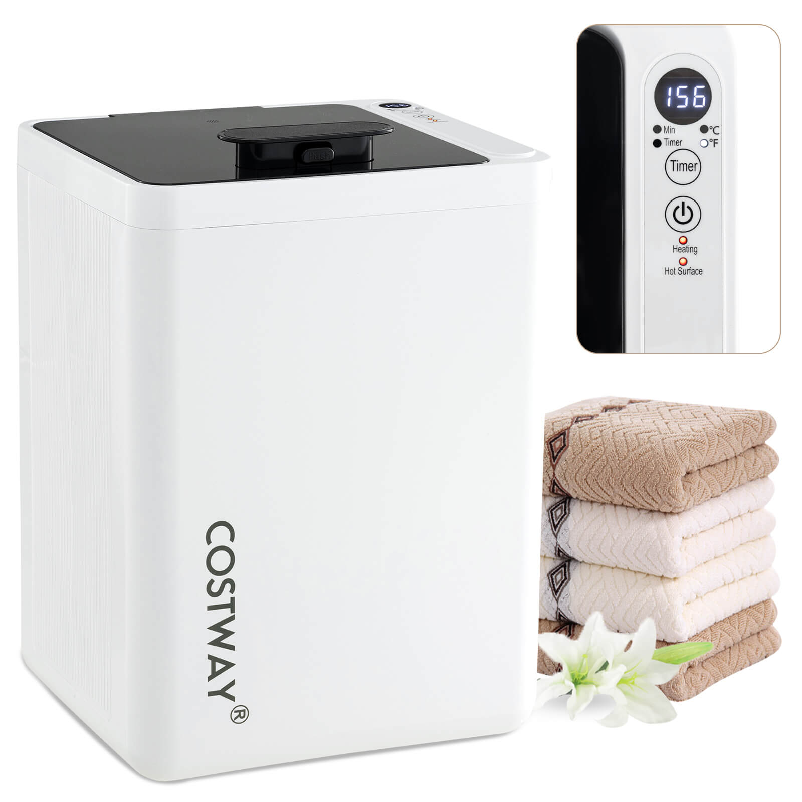 Costway Chauffe-Serviettes 23L avec Arrêt Automatique Écran LED Minuterie 15-90 Minutes Couvertures