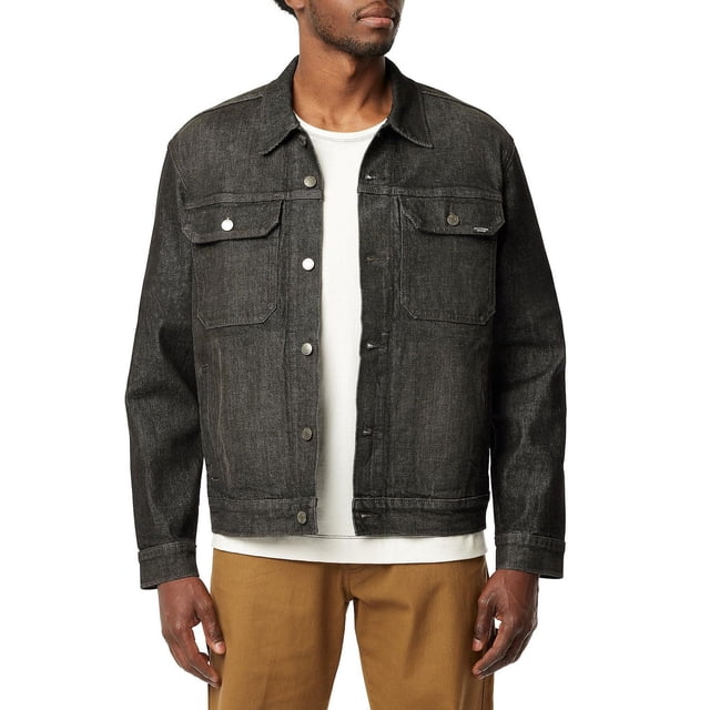 Levi Strauss Signature™ Men's Chore Trucker Jacket in dark charcoal Comfort Flex denim with 18% stretch, relaxed fit, two front flap patch pockets with button closures, metal button front, and classic collar, worn over a white shirt and brown pants, ideal for versatile layering in men's outerwear.