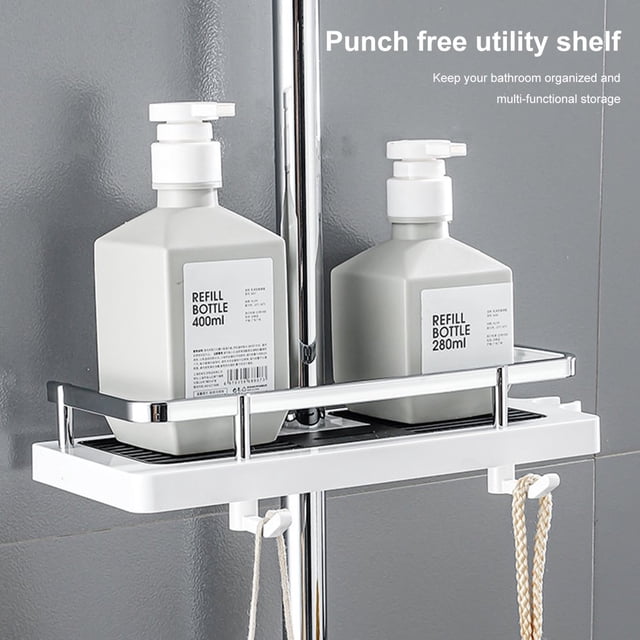 MesaSe Shower Shelf Multifunctional No Drilling Adjustable Height Practical Hook Design Space-saving Draining Wall Mount Shower Storage Rack Tray Holder Organiser Bathroom Accessories