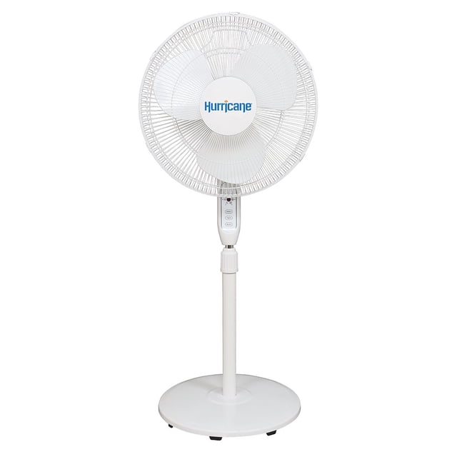 Hurricane Supreme Oscillating Stand Fan with Remote, 16-inch, in white. Features a 90-degree oscillating design, adjustable height from 41 to 55 inches, and a 3-speed motor delivering 1201 CFM airflow. Includes a remote control for convenient operation of speed, oscillation, and power. Constructed with chemical-resistant polypropylene blades, a powder-coated steel grill, and a sturdy steel support neck. Ideal for use in homes, greenhouses, or shops.