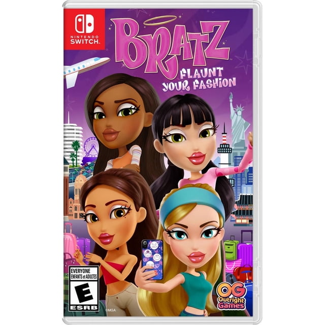 Bratz : Affichez Votre Mode (Nintendo Switch) illustration de Couverture Stylisée de Yasmin, Cloe, Jade et Sasha dans des Tenues et poses de Mode Audacieuses, Arrière-Plans Colorés Suggérant Barcelone et Séoul, Met en Valeur la Personnalisation des Personnages et le Jeu d'Aventure de Mode en Reportage de Magazines; Souvent Utilisé comme inspiration pour un Style Créatif.