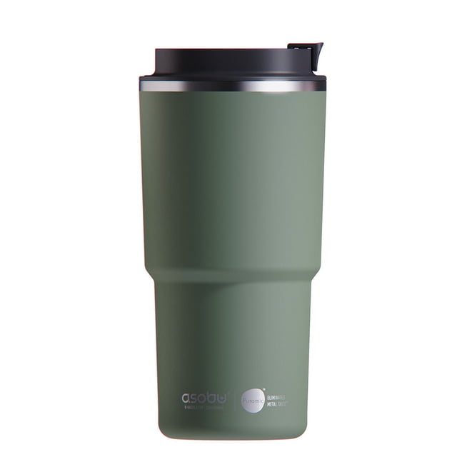 Asobu Pick Me Up Tumbler in olive green with a black screw-on, pop-open lid, double-walled vacuum-insulated stainless steel body, and ceramic-coated interior that eliminates metal taste, holding 20 oz and fitting standard cup holders, ideal for keeping coffee hot during commutes and suitable for other hot beverages.