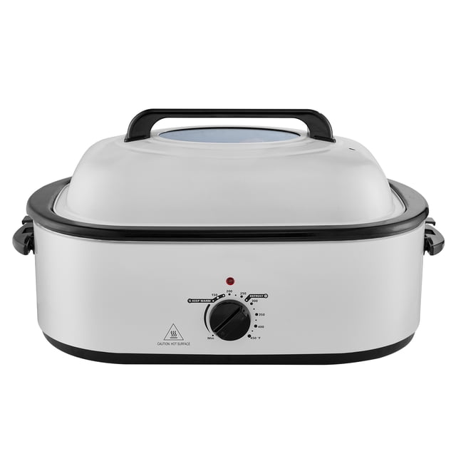 KFFKFF Rôtissoire, Four à Dinde, Capacité de 22 QT avec Couvercle à Arrosage Automatique, Conçu pour Rôtir des Dindes jusqu'à 26 Lb. Comprend un Boîtier en Métal Blanc Enduit de Poudre, des accents Noirs et un Couvercle en Verre Trempé pour Surveiller la Cuisson. Comprend un Cadran de Contrôle pour des Réglages de Température de 150 °F à 450 °F, des Composants Détachables pour un Nettoyage Facile et une Utilisation Polyvalente pour la Cuisson, la Cuisson Lente et la Décongélation.