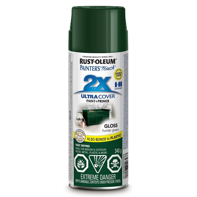 Rust-Oleum Painter's Touch 2X Ultra Cover spray paint can in gloss hunter green, 340 g, featuring paint and primer formula with double coverage technology, fast drying, and bonding to plastic, ideal for indoor and outdoor use on wood, metal, and plastic surfaces, with extreme flammable warning.