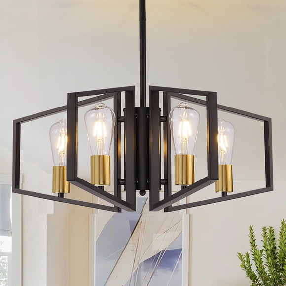 4-Light Black Gold Farmhouse Chandelier Dining Room Light Chandelier Geometric Lantern Pendant Light