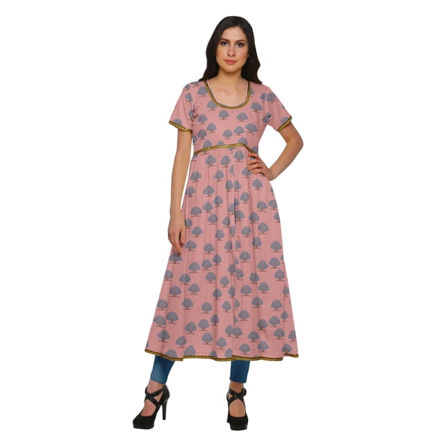 Moomaya Longues Robes Tuniques en Coton Imprimé à Manches Courtes avec Fente avant pour Femmes