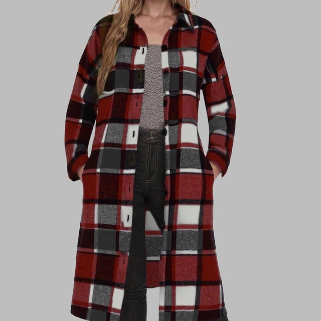 Women's Long Plaid Flannel Shirts Shacket Plus Size Long Sleeve Oversized Button Shirt Fall Spring Trench Coat with Pockets Wine M