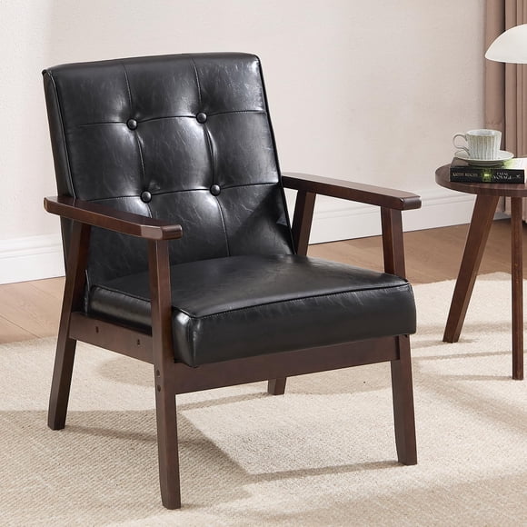 Bonzy Home Fauteuil d'Appoint en Cuir, Fauteuil Moderne du Milieu du Siècle avec Pieds en Bois Massif, Fauteuil de Lecture et de Détente avec Coussin d'Assise Épais pour Salon, Chambre Ou Salle d'Attente, Noir