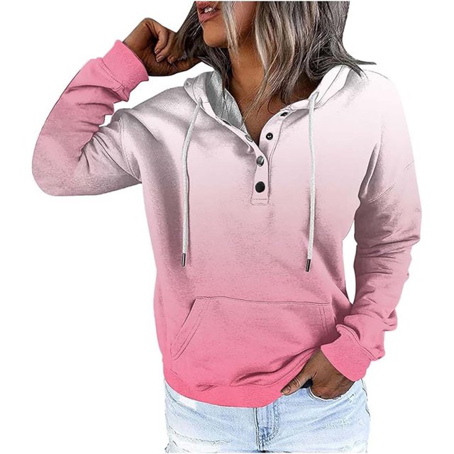 WEAIXIMIUNG Sweatshirts for Women Trendy Graphic Women's Autumn and Winter Fashionable Street Style Gradually Changing Color Button Collar Pocket Drawstring Casual Sports Hoodie (3)