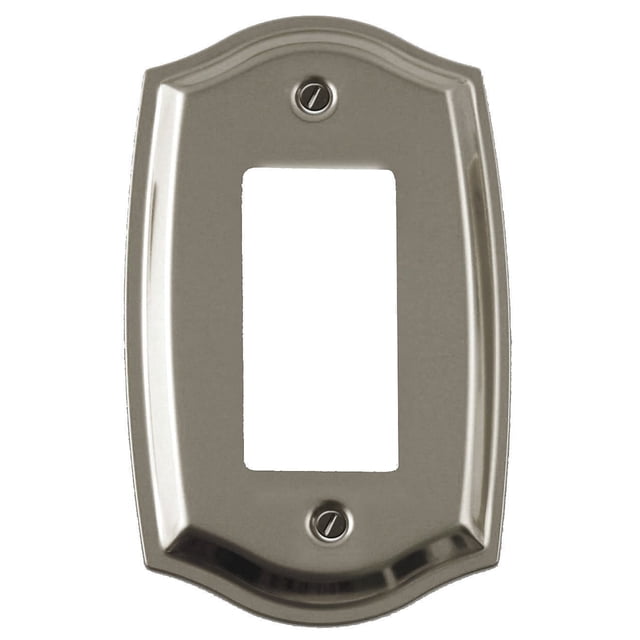 Atron Electro Industries Colonial Satin Nickel Rocker Wall Plate with a satin nickel metal finish, decorative colonial curved edges, two mounting screws, and a rectangular cutout for rocker switches, ideal for stylish home electrical upgrades.