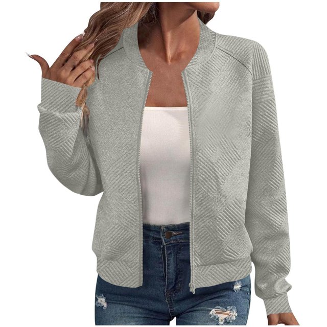 iHPH7 Light Jackets for Women Stand Collar Jacket Women Textured Jacket Women Fall Womens Clothes Baseball Jacket Fall Outfits for Women Womens Fall Jackets Gray M