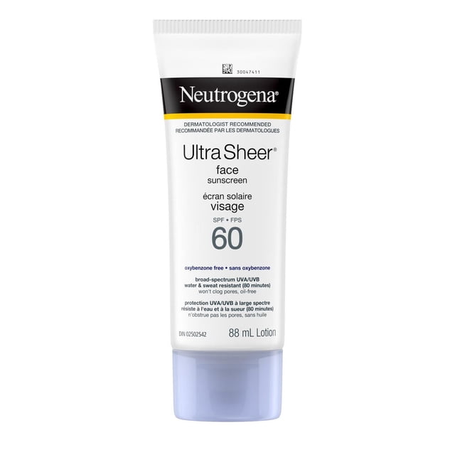 Neutrogena Ultra Sheer Écran Solaire pour le Visage FPS 60 en tube Blanc de 88 ml avec Capuchon Mauve Pâle, Offrant une protection à Grand Spectre contre les UVA/UVB, Résistant à l'Eau et à la Sueur jusqu'à 80 minutes, Non Comédogène, Léger et lotion Sans Huile pour des Soins Solaires Quotidiens Efficaces du Visage.