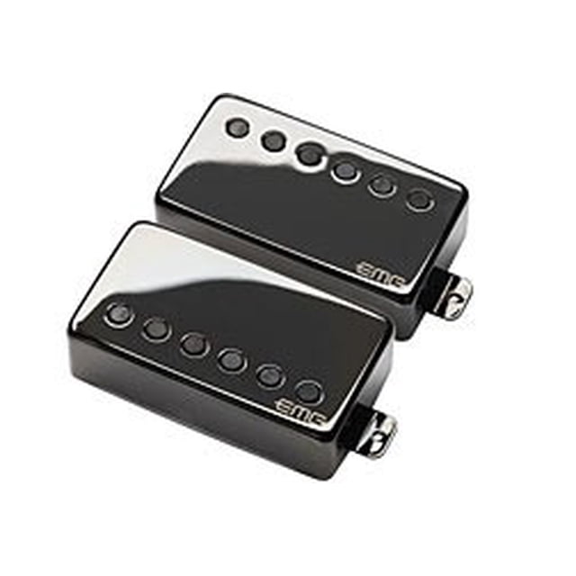 EMG JH Set James Hetfield Guitar Pickup Set in a black nickel finish, featuring two humbucker pickups with individual ceramic poles and steel pole pieces. Designed for a percussive attack, higher output, and fuller low-end response. Includes solderless installation components.