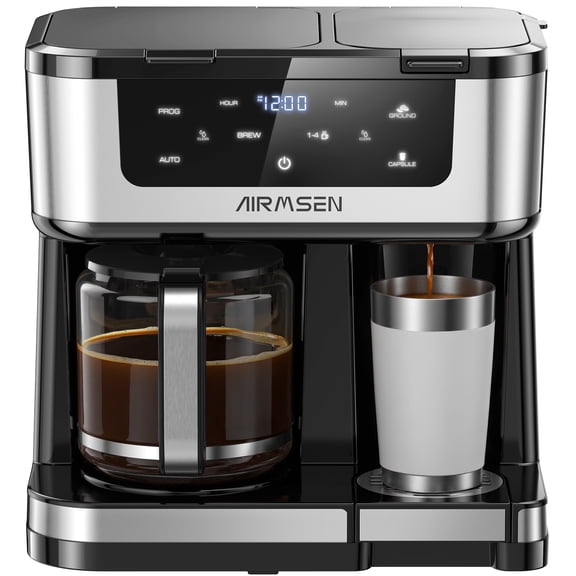 AIRMSEN Cafetière à Filtre 12 Tasses avec Combo K-Cup, Machine à Café Programmable avec Réglage 1-4 Tasses, Portion Individuelle Ou Cafetière, Arrêt Automatique, Bec Anti-Déversement
