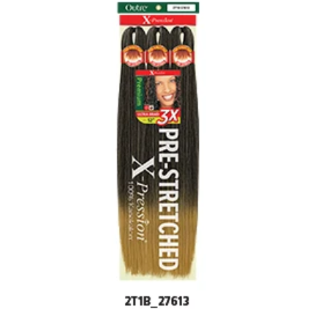 OUTRE X-Pression Pre-Stretched Braid 3X 52-inch hair extensions in a long, pre-stretched, kinky straight style. The pack features three bundles of ombre hair transitioning from black to a lighter shade. Suitable for braiding and protective hairstyles, shown in color 2T1B_27613.
