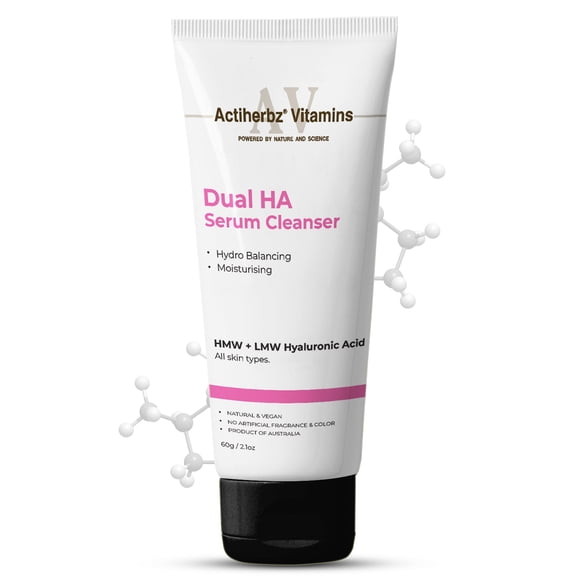 Actiherbz Vitamins Sérum Nettoyant Double HA avec HMW + LMW Hyaluronique pour le Visage / Hydro-Équilibrant et Hydratation Profonde / Tous Types de Peau / Naturel et Végane / 60 ml